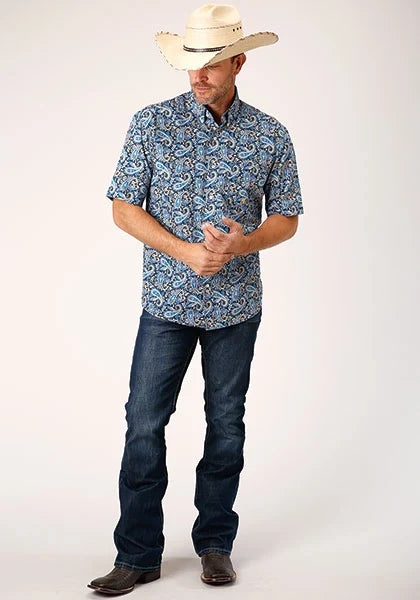 Roper 1448 Amarillo Paisley (Blue) - Men's Short Sleeve Shirt