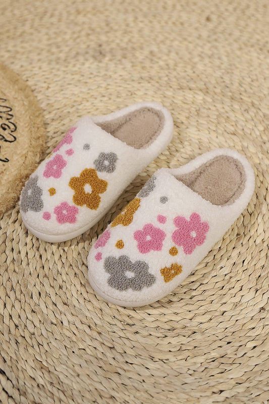 White Floral Fuzzy Winter Slippers
