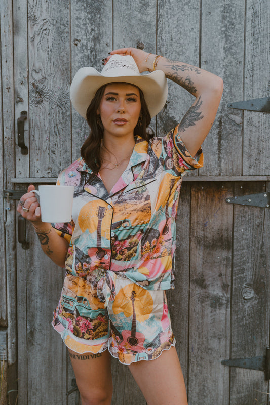 Baha Ranch Retro Pop Western Satin Pajama Set