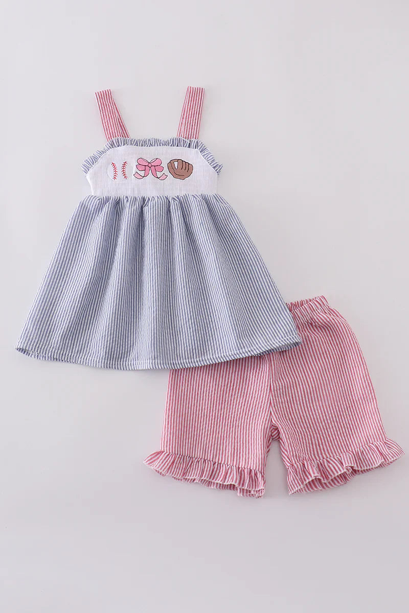 Pink baseball embroidery smocked set