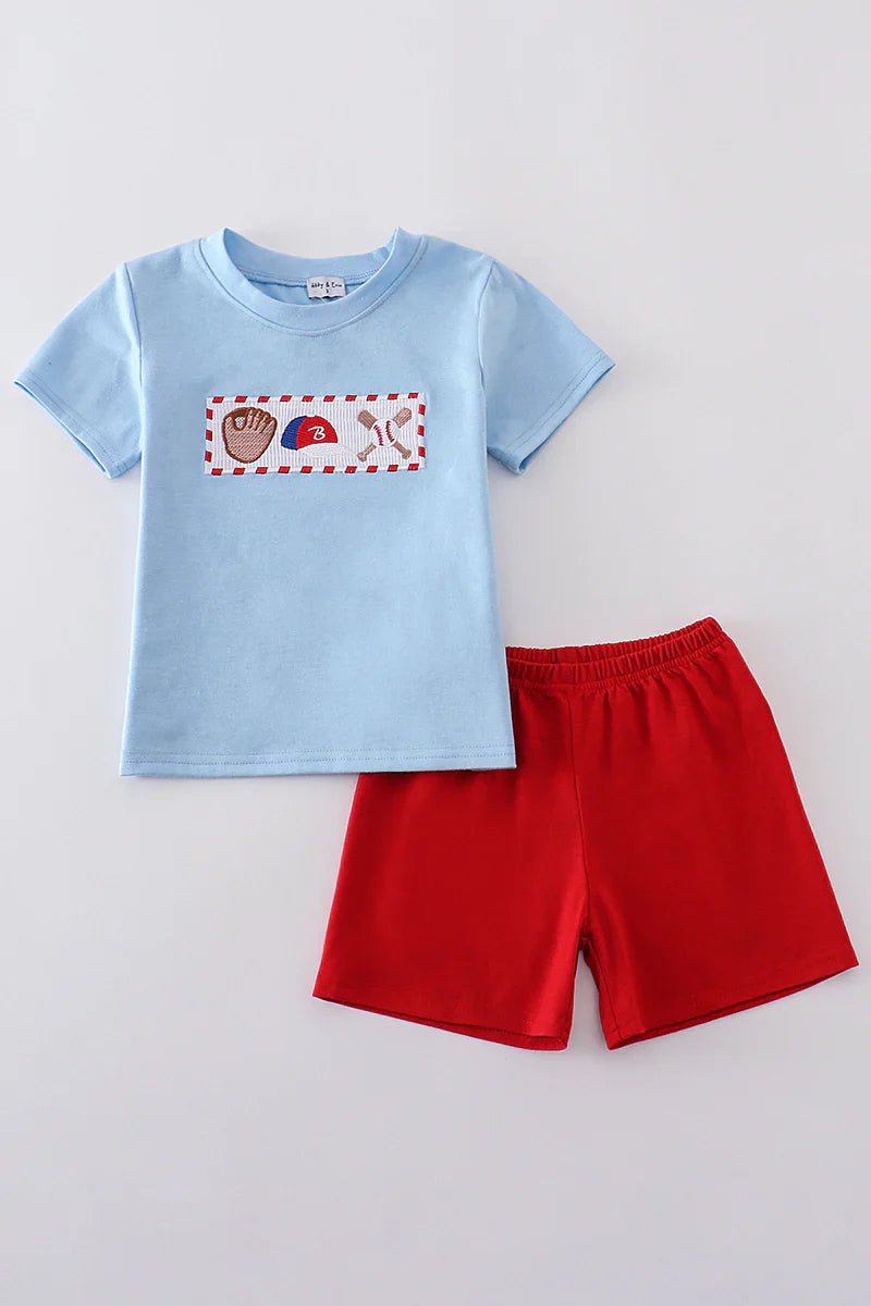 Blue baseball embroidery smocked set
