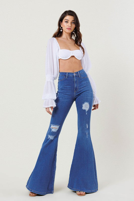 Sleek High Rise Distressed Flare Jeans - 35.5" Inseam