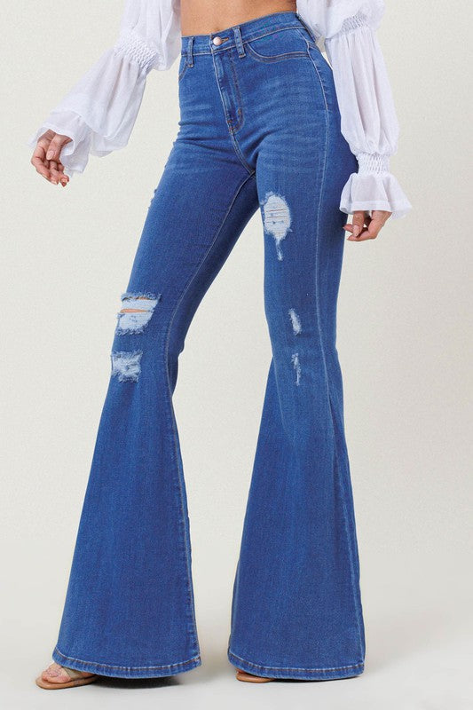 Sleek High Rise Distressed Flare Jeans - 35.5" Inseam