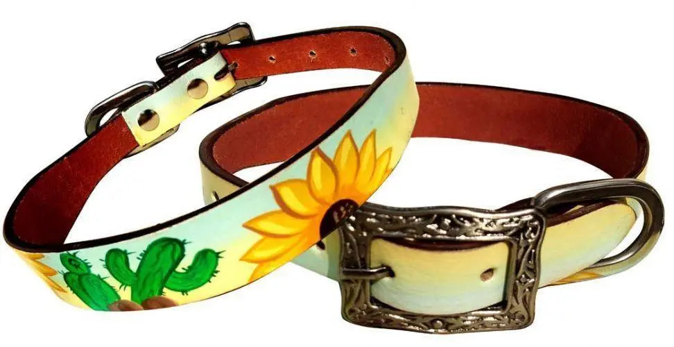 Leather Sunflower & Cactus Dog Collar