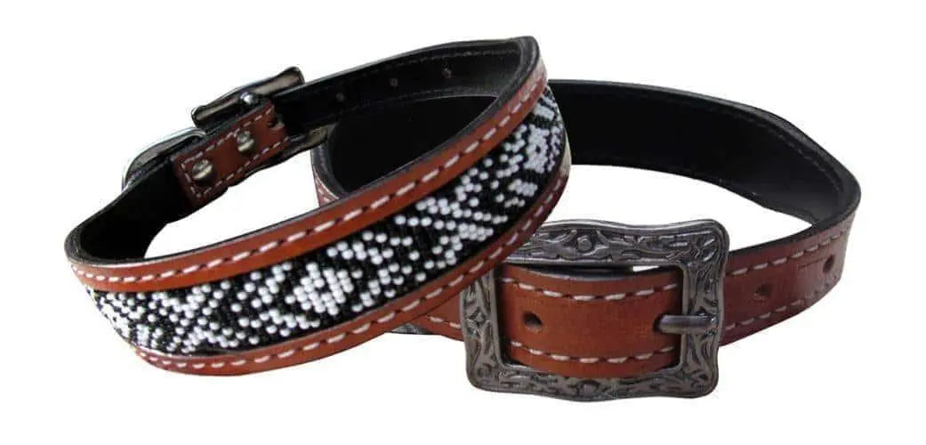 Leather Black & White Beaded Inlay Dog Collar