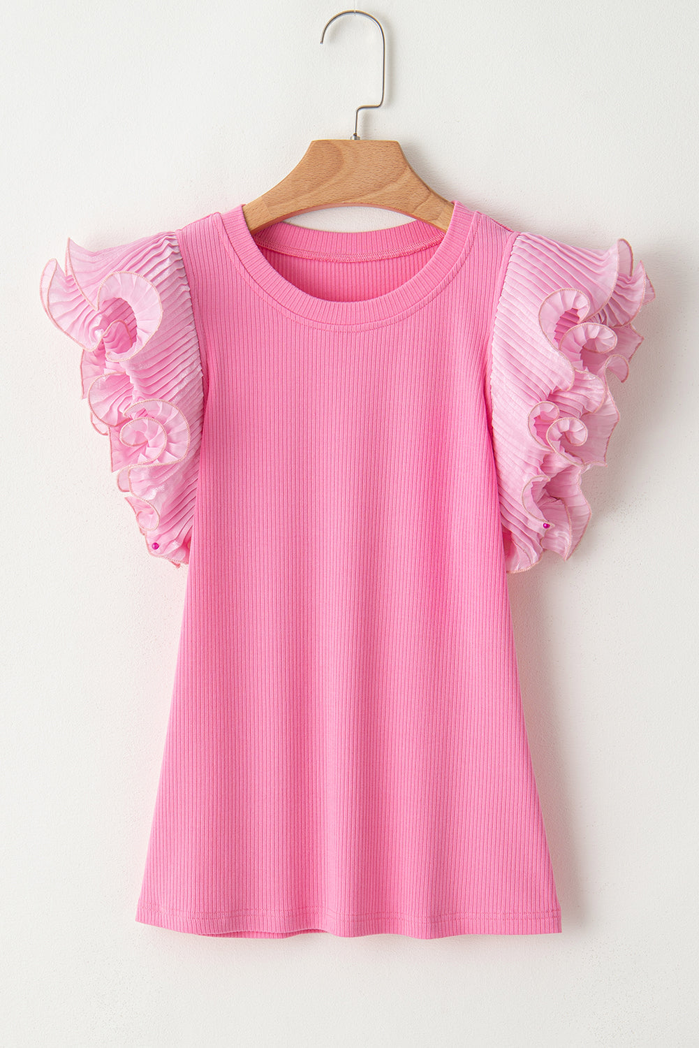 Ruffled Mesh Sleeve Ribbed Knit Slim Fit Top