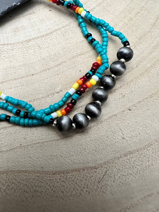 3 for 1 set of Seed Bead with Faux Navajo Pearl Stretch Bracelets - Turquoise