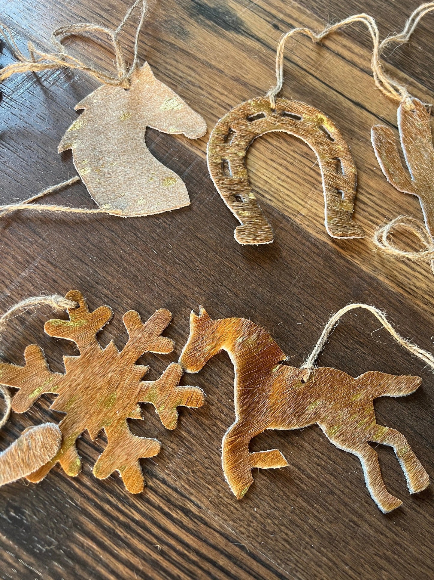 Brown/Gold Cowhide Leather Christmas Ornament- Sold Individually