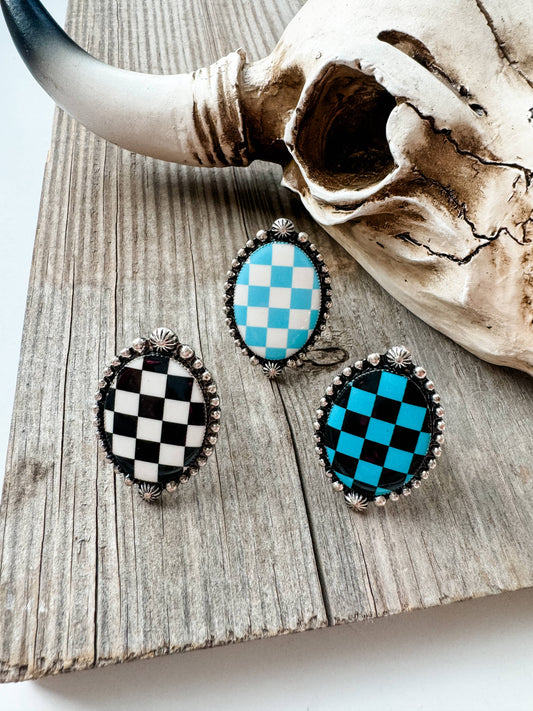 Western Checkered Cuff Ring - oval or lightning bolt