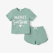 2pcs Toddler Girl Letter Print Ribbed Short-sleeve Tee and Bowknot Design Elasticized Shorts Set
