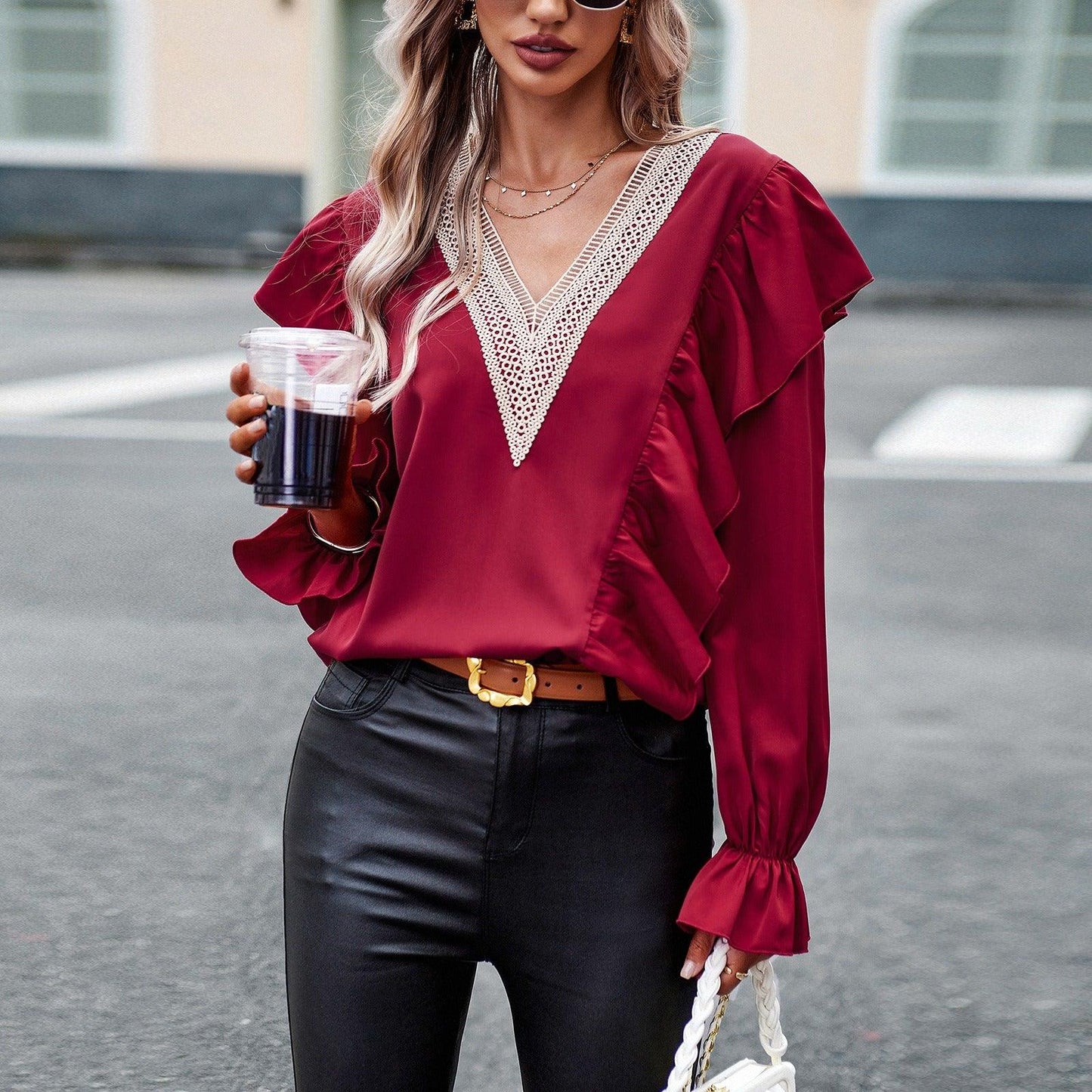 Demure Commuter V-Neck Long Sleeve Shirt