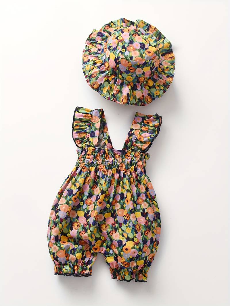 Floral Print Romper Matching Hat