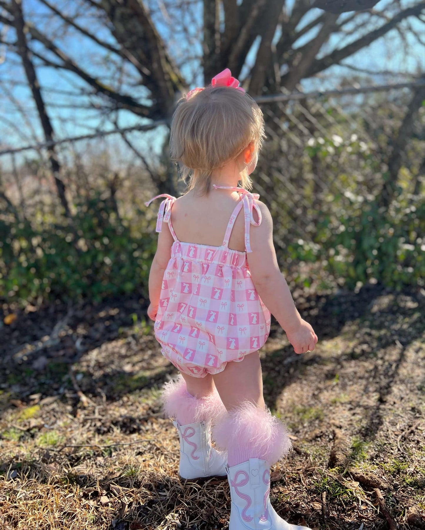 Smocked bunny bows tie romper