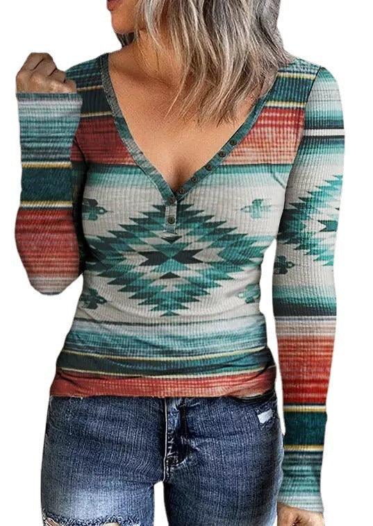 Tribal Roots V Neck Pullover | Boho Chic Long Sleeve T-Shirt