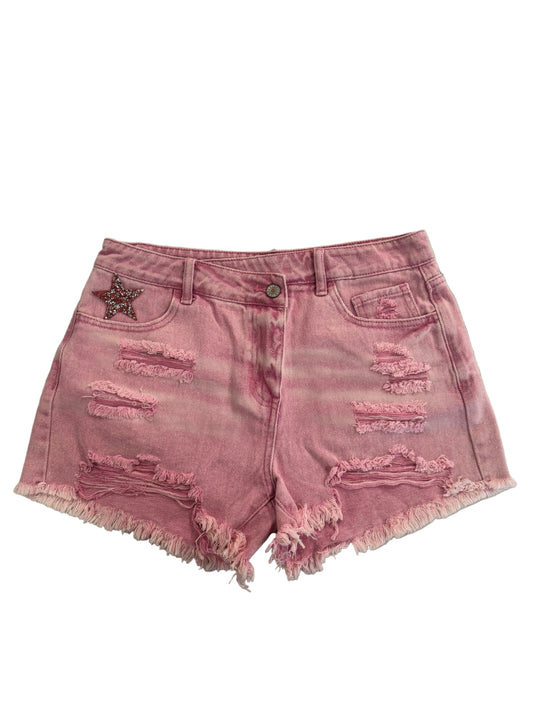 Pink High Rise Crossover Waist Denim Shorts