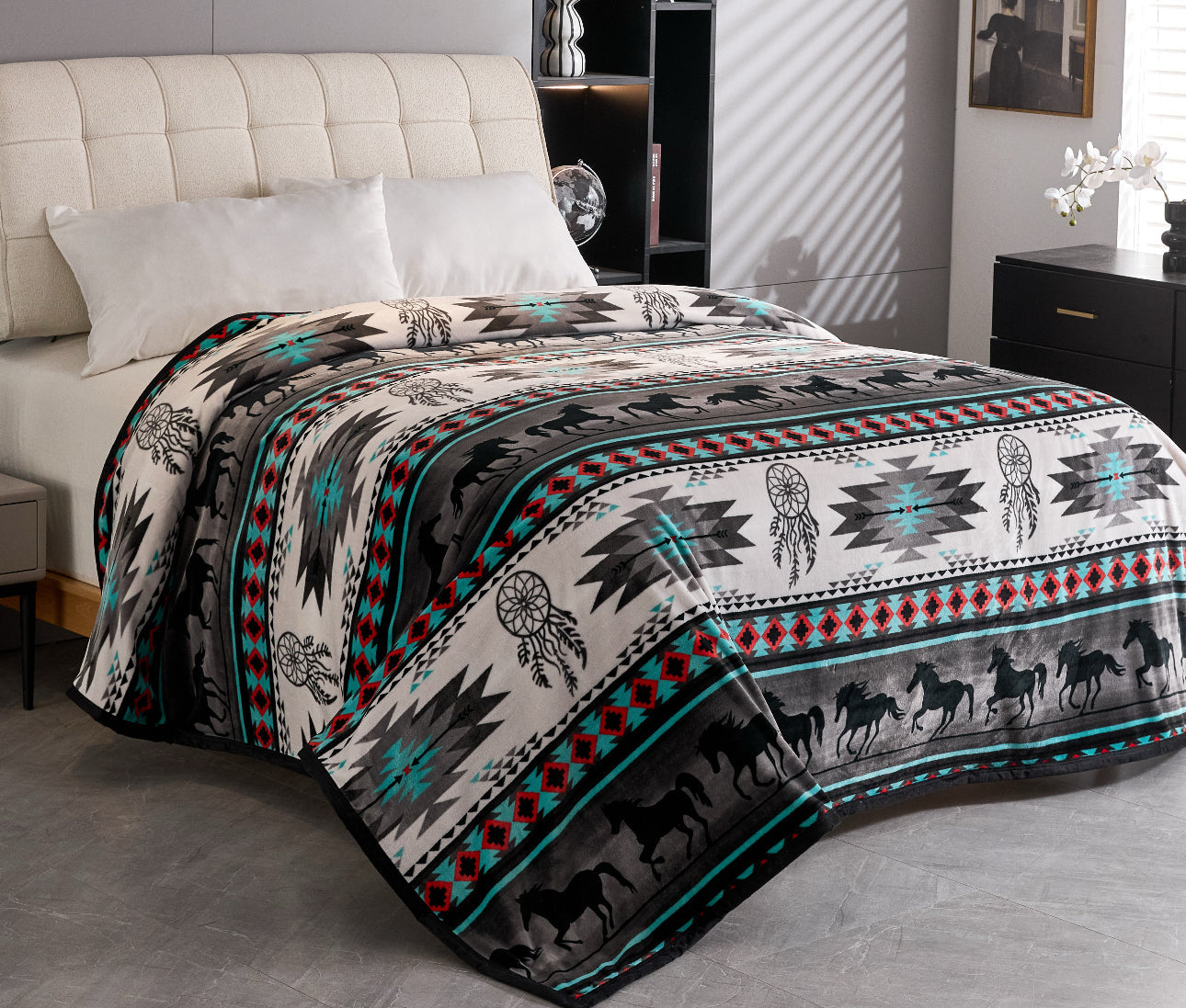 Grey & Teal Dreamcatcher Aztec Ziglag Blanket - 93X88
