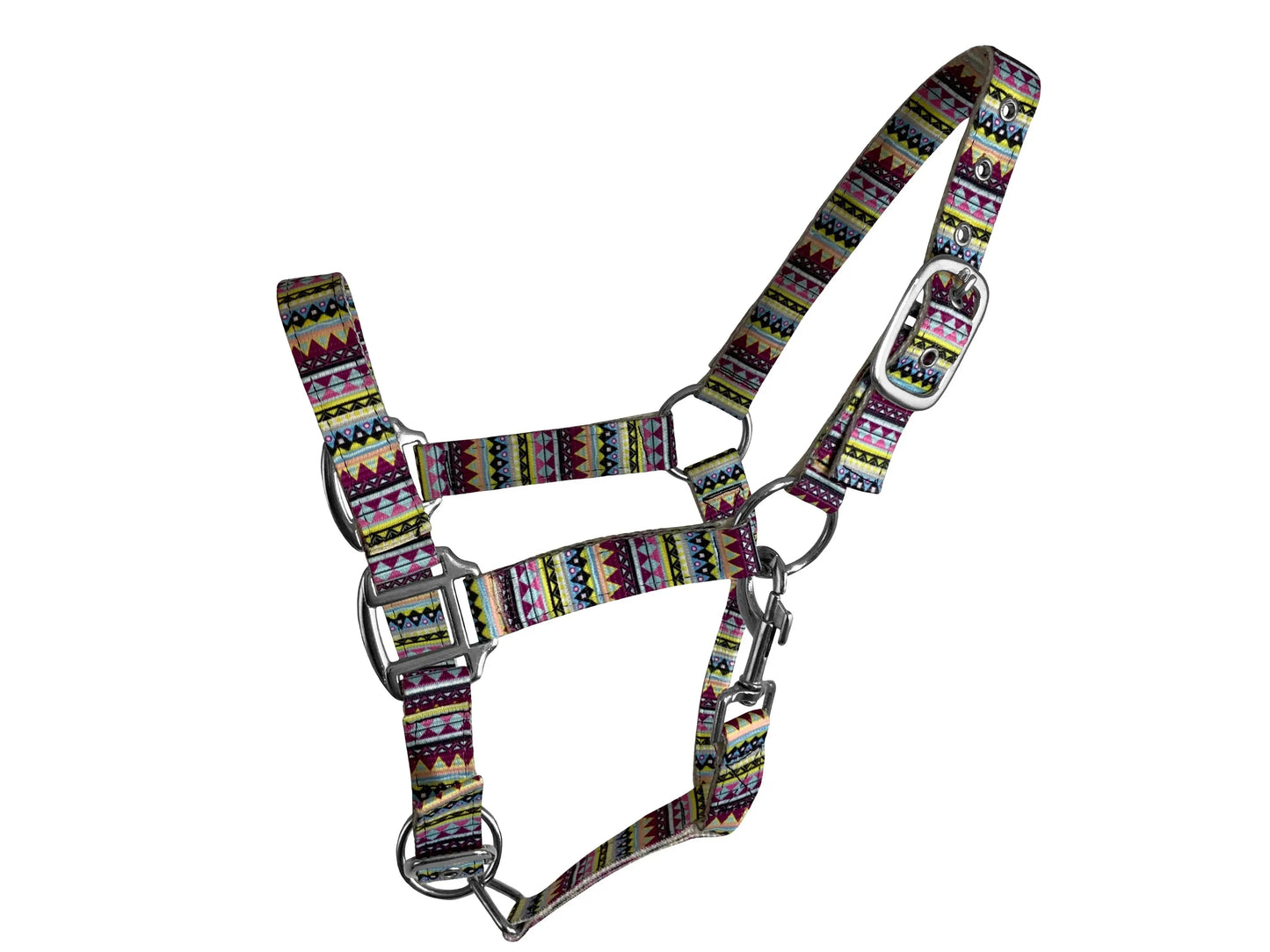 Aztec Halter pattern in orange, pink, blue, and yellow Pony