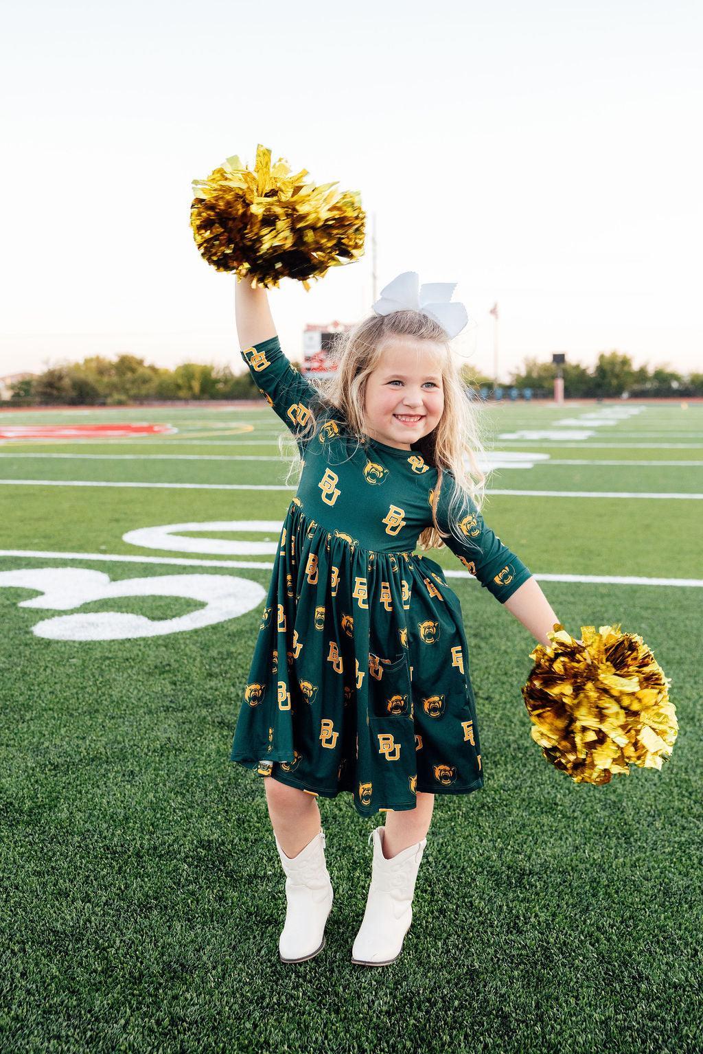 Baylor Green Bear 3/4 Sleeve Pocket Twirl Dress