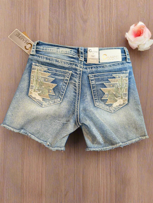 Charme Cactus Embroidered Mid Rise Jean Shorts