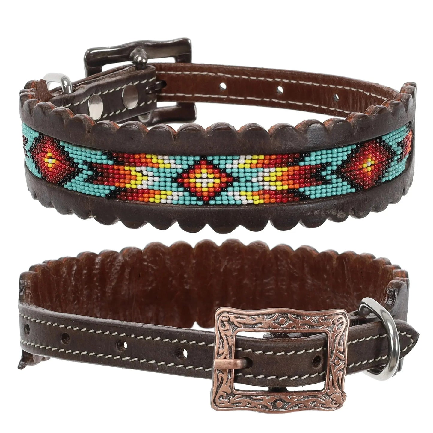 Aztec Flame Beaded Leather Dog Collar