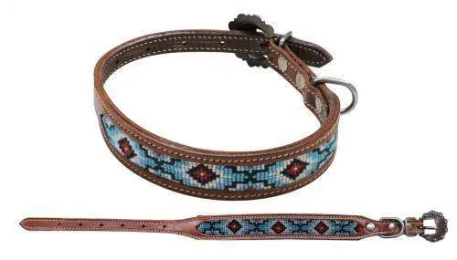 Leather Dog Collar With Teal & Red Beaded Inlay