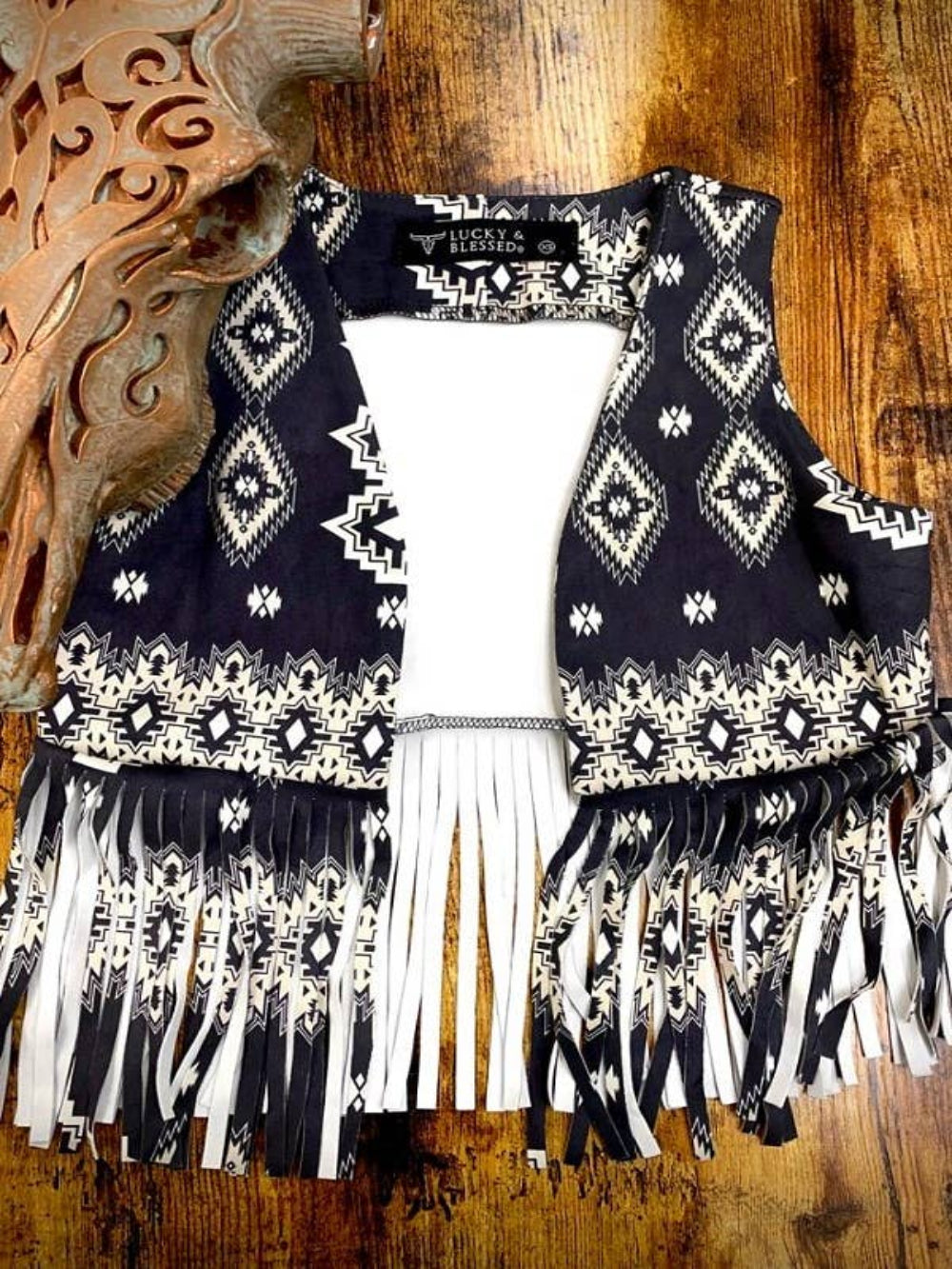 Girls Black Aztec Suede Short Fringe Vest