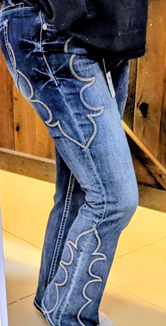 Grace in LA Simple Side Embroidered Mid-Rise Flare Jeans