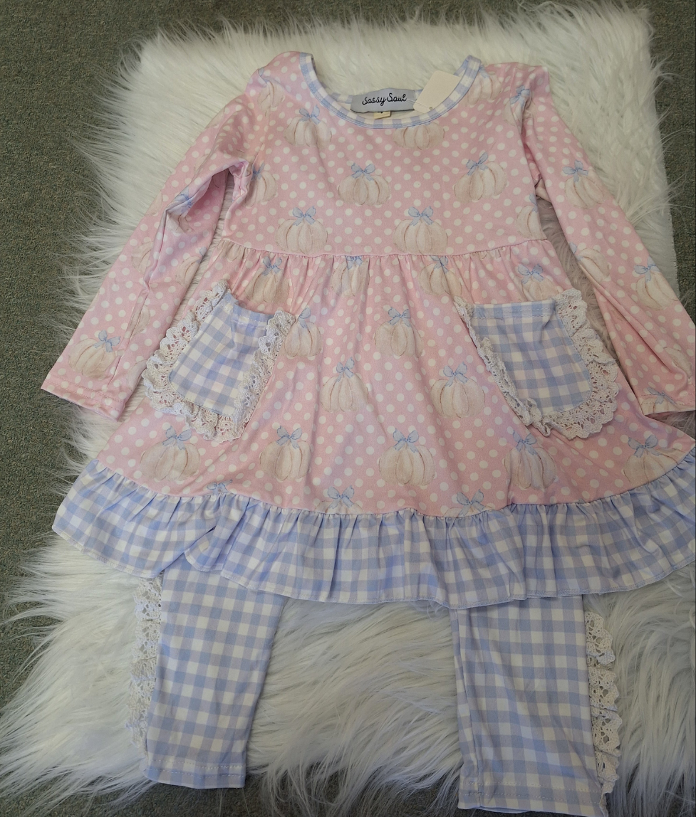 Pink and Blue plaid with Pumpkin Pants Set