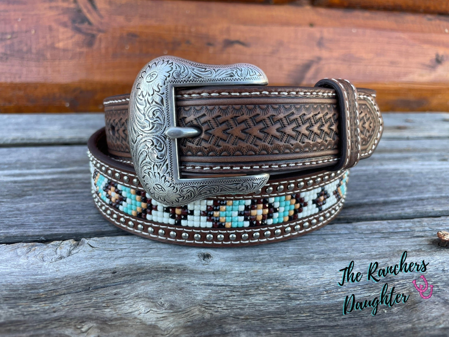 Men’s Nacona Basketweave Beaded Inlay Leather Belt