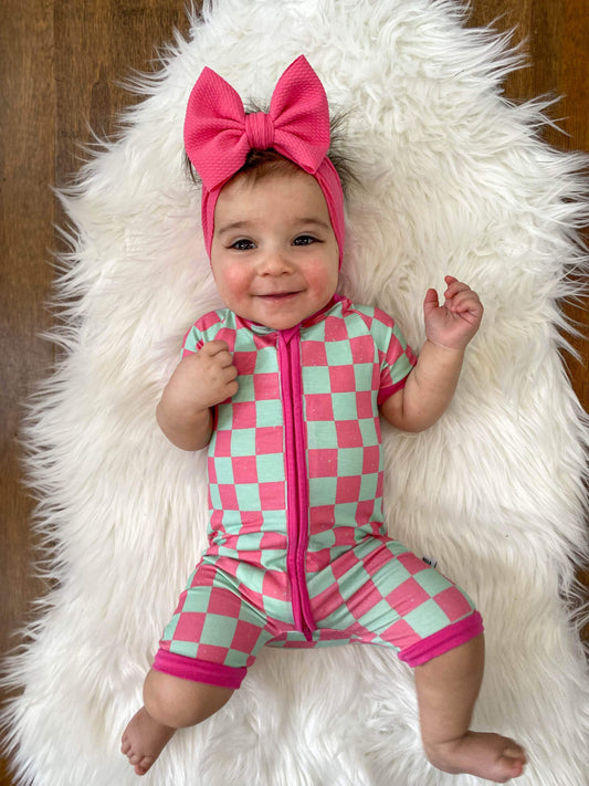 Bubblegum Checks Bamboo Shortie Romper (FINAL SALE)