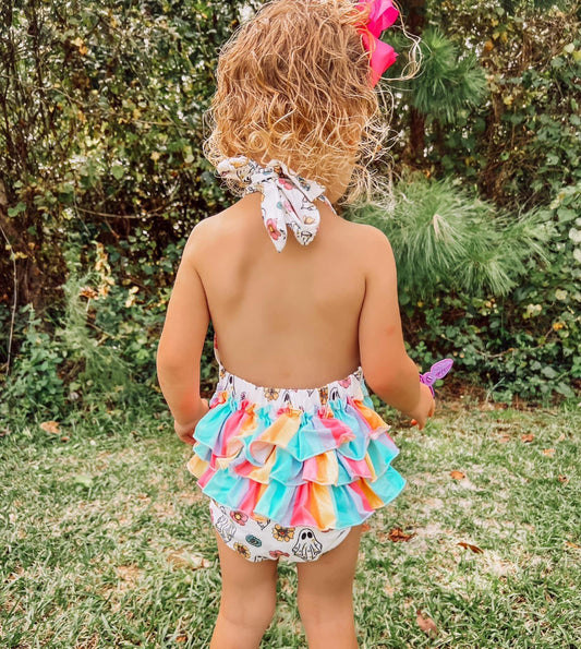 Colorful ghost tie ruffle romper
