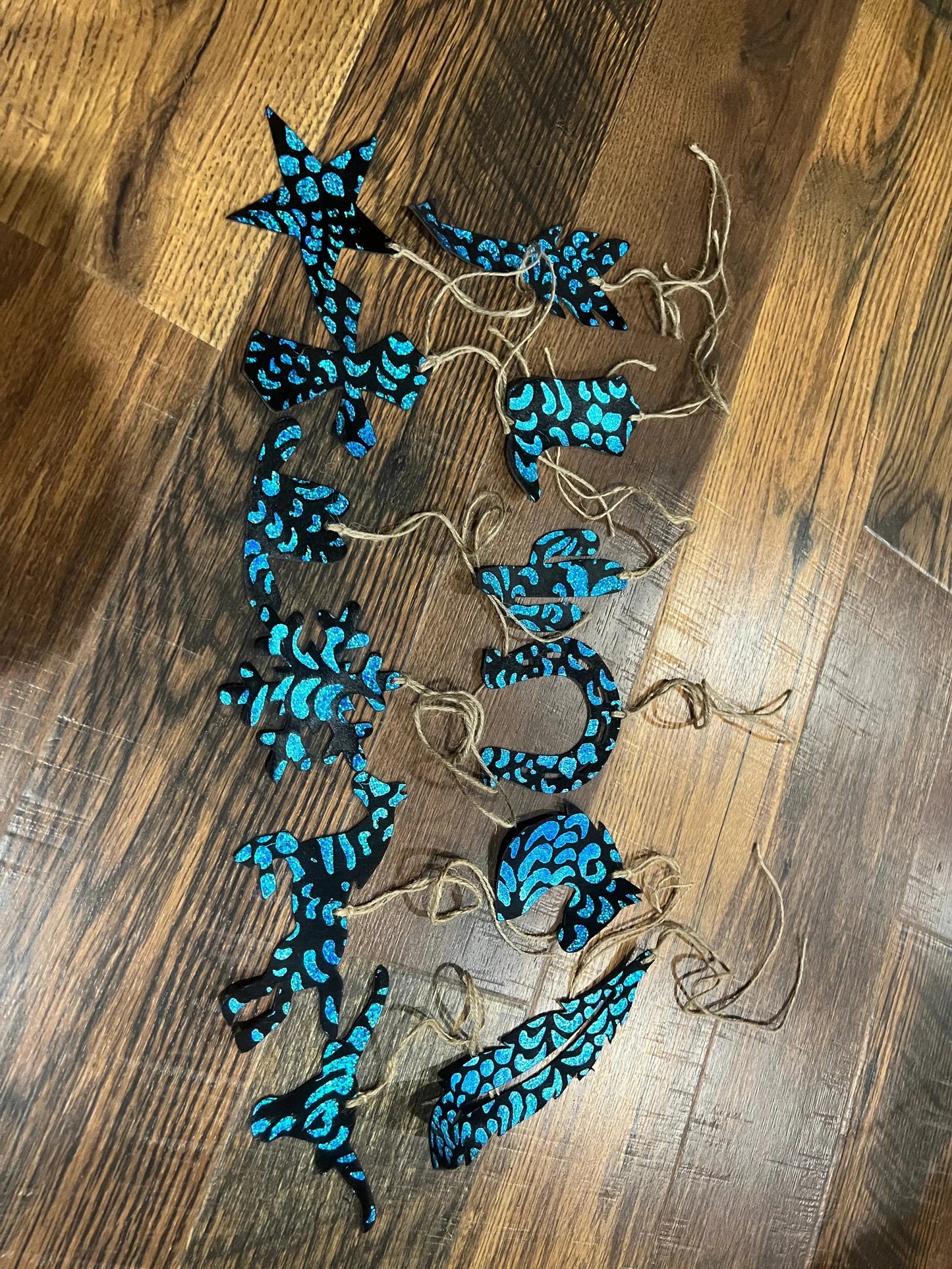 Blue Metallic Glitter Leather Cowhide Christmas Ornament - Sold Individually