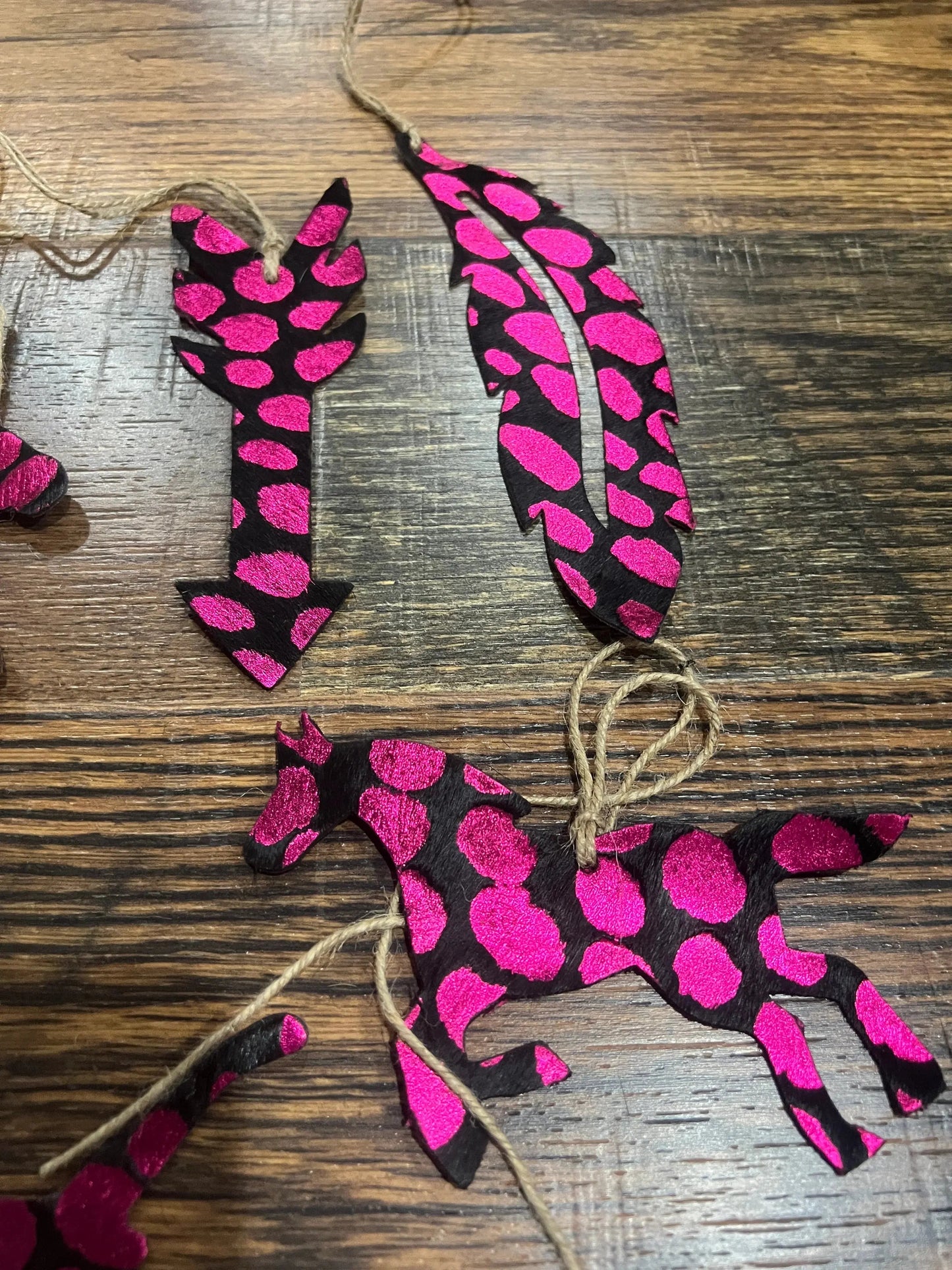 PINK SPOTTED Leather Cowhide Christmas Ornament - Sold Individually