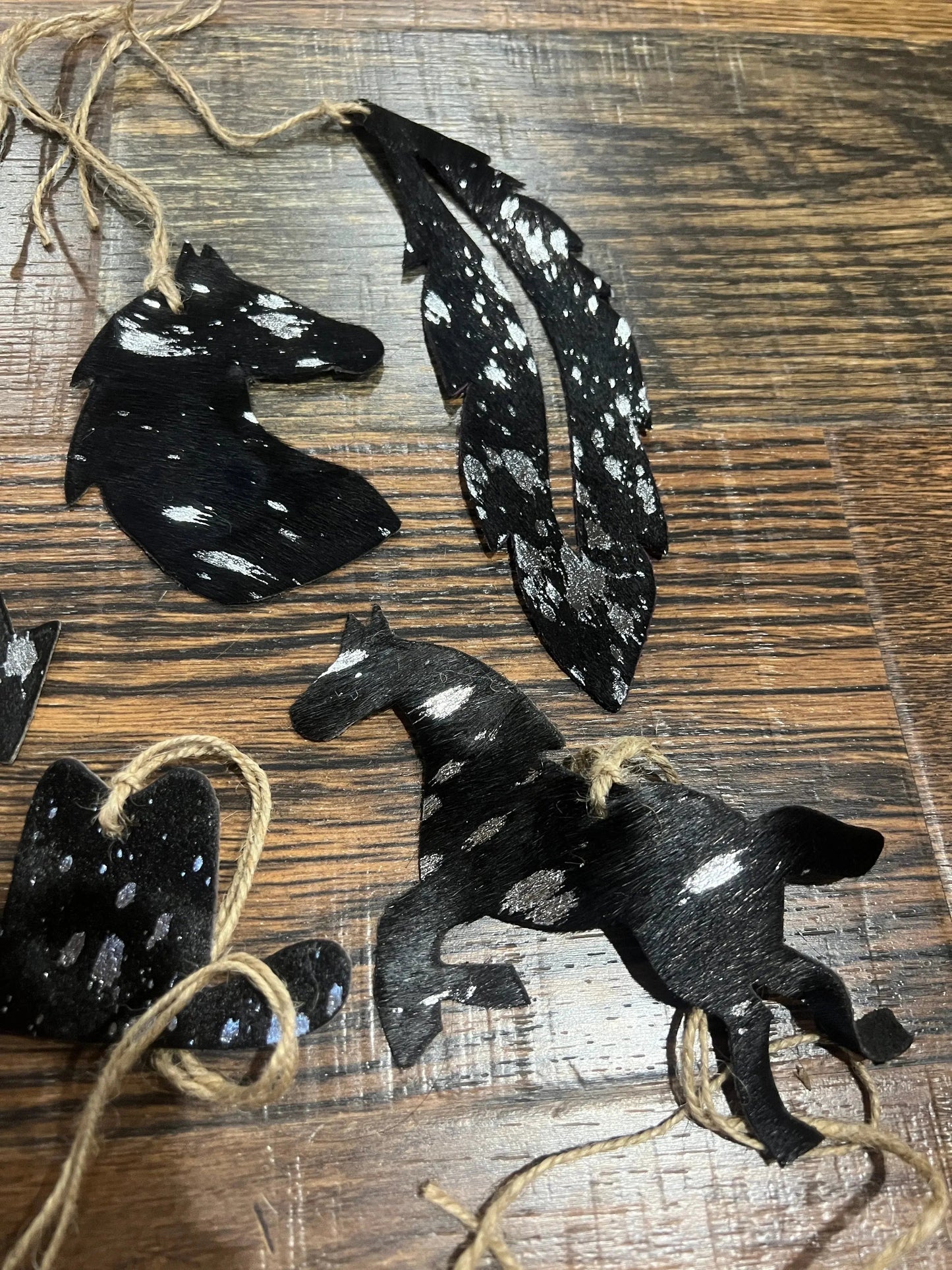 SILVER/BLACK ACID WASH Leather Cowhide Christmas Ornaments