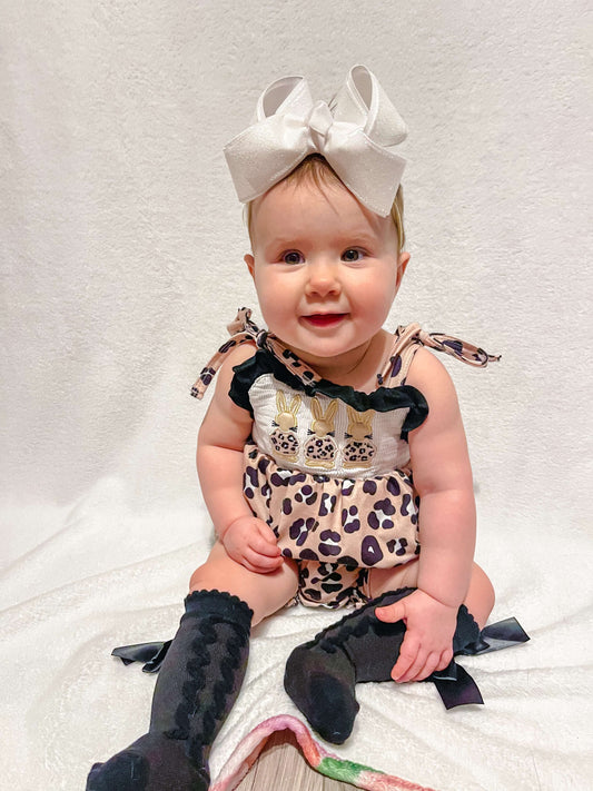 Smocked leopard bunny tie romper