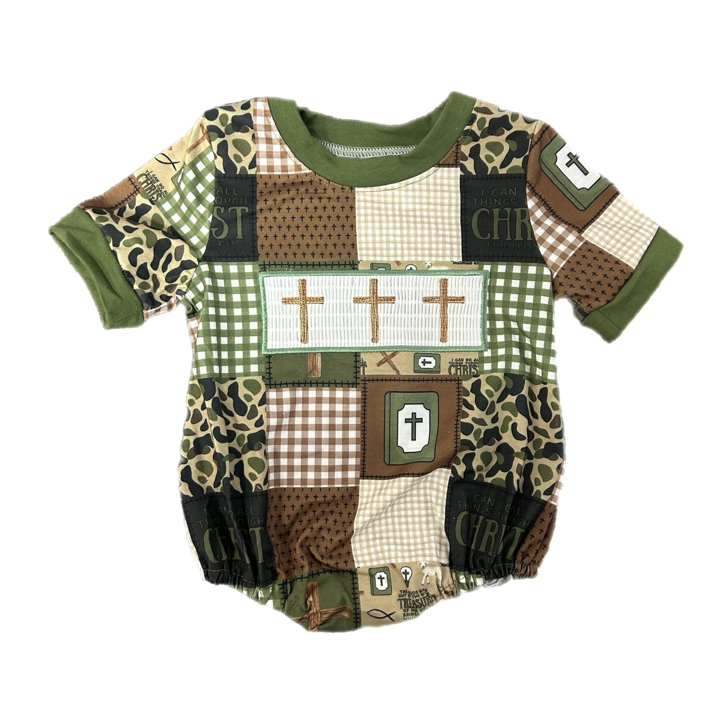 Smocked camo cross romper