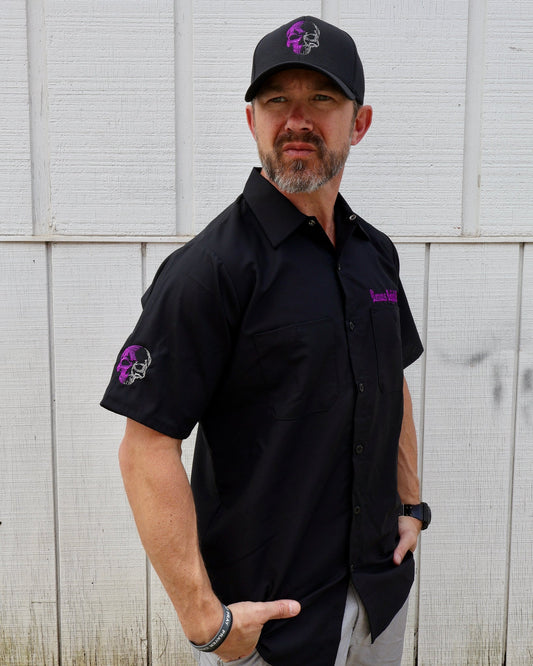 SHORT SLEEVE Men's Embroidered Shop Shirt - Purple Logo