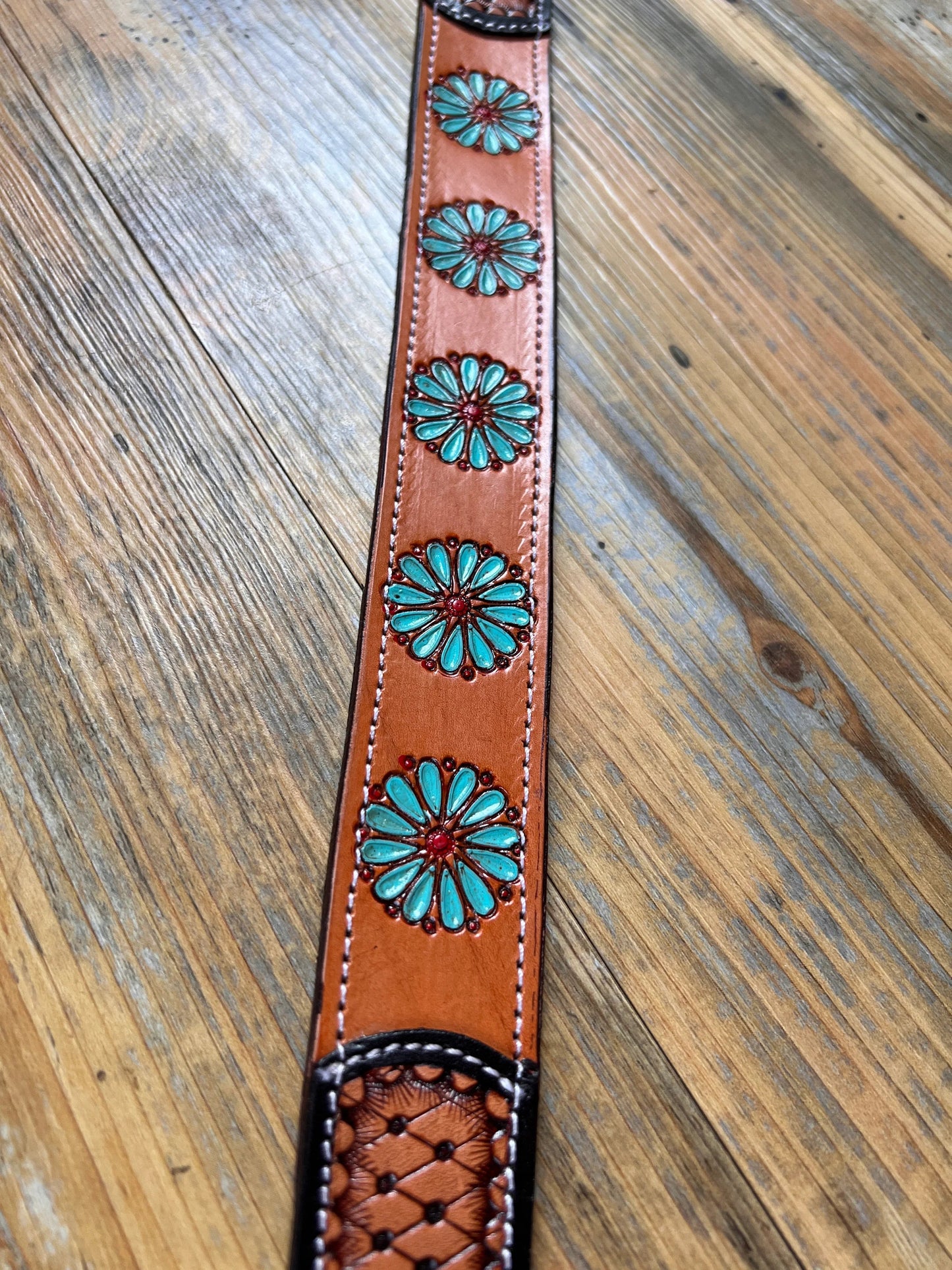 Leather Handpainted Tooled Squash Blossom Dog Collar