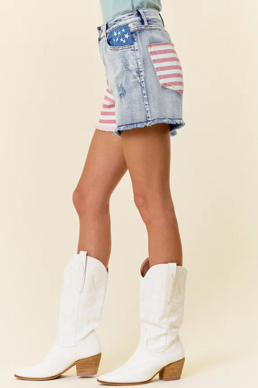 Lt Wash Stars & Stripes Detail Denim Shorts