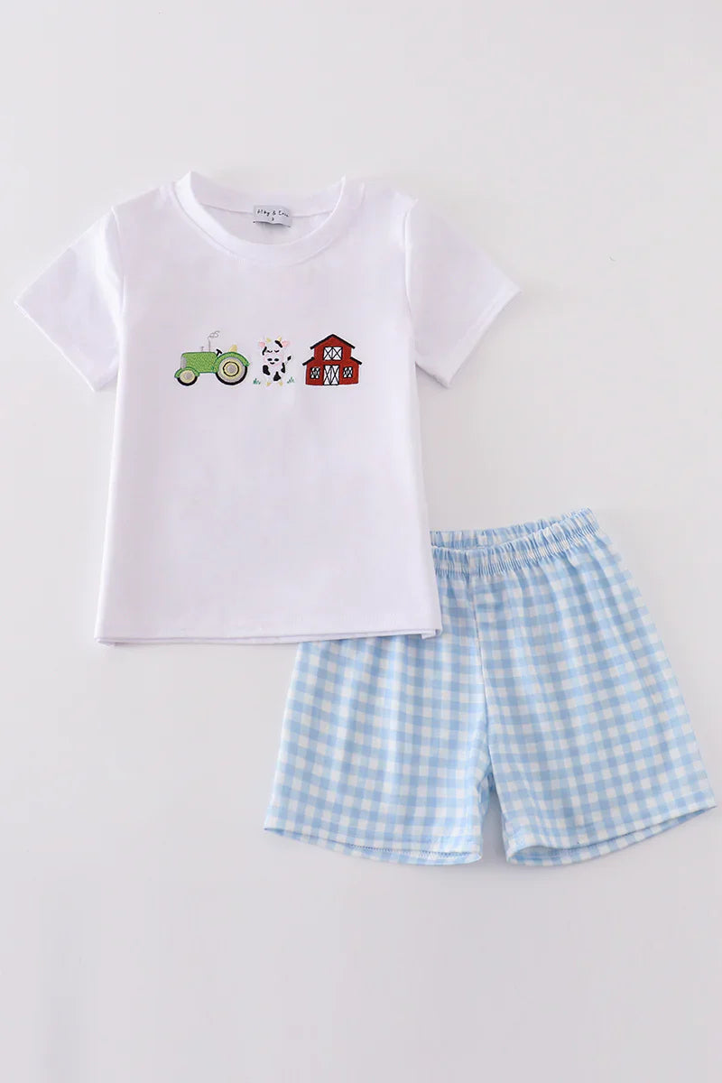 Blue farm embroidery boy set