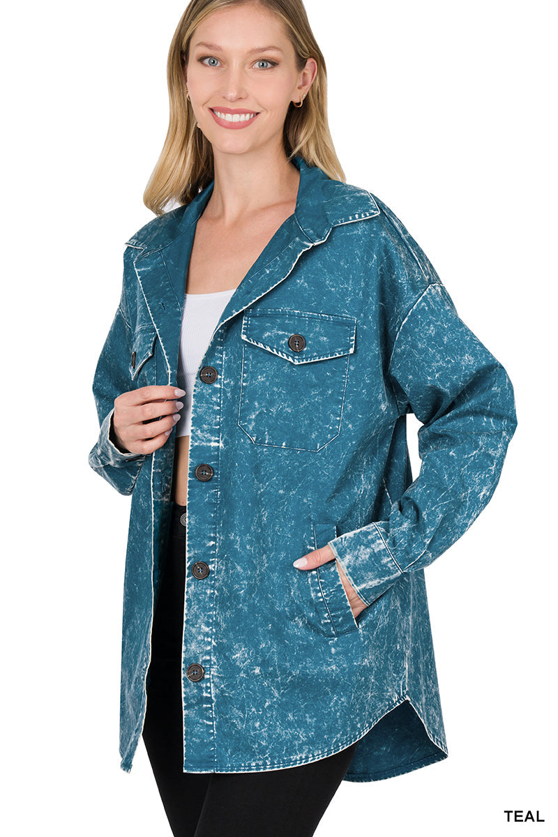 Cotton Woven Oversized Vintage Washed Shacket – Western Layered Style