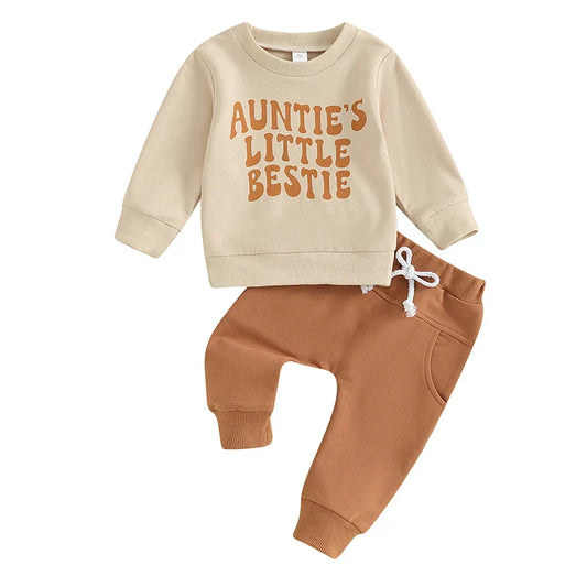 Baby Toddler Boys Girls 2Pcs Clothes Set Letter Auntie's Little Bestie Print Long Sleeve Pullover Top Jogger Pant Outfit