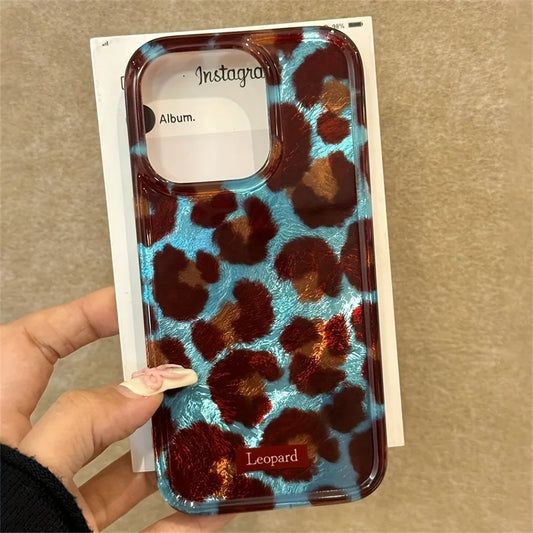 Turquoise & Brown Smudge Leopard Print Soft Phone Case For iPhone