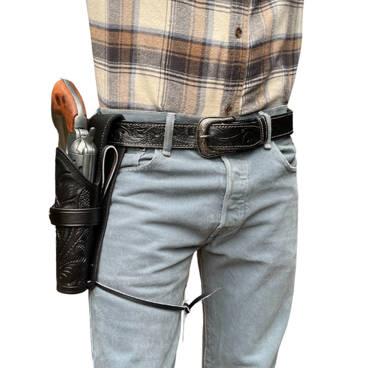 Hip Draw Tooled Leather Holster - Black