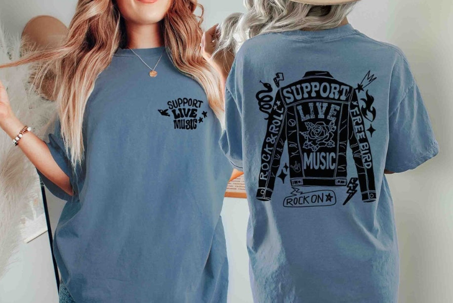 “Support Live Music or Die Bored" Leather & Lyrics Tee