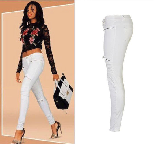 "Lola" White Faux Leather Zippered Knee Pencil Pants