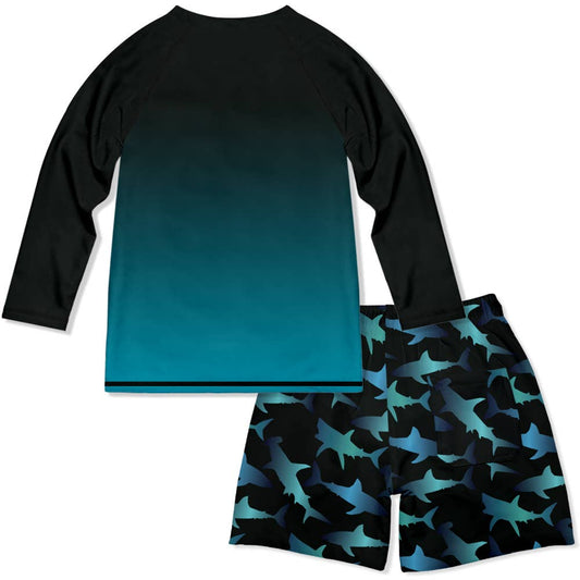 Boys Black Shark Long-Sleeve Rashguard Swimsuit
