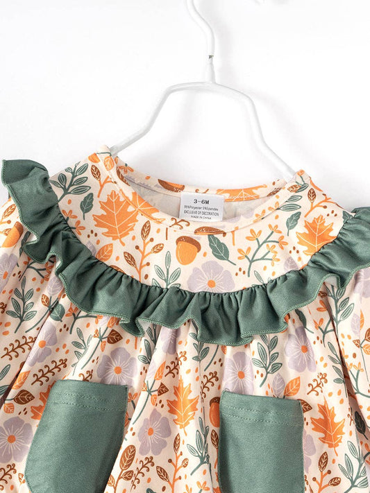 2025 NEW Green Pocket Floral Print Ruffle Baby Girl Romper