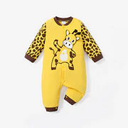 100% Cotton Giraffe Print Long-sleeve Yellow Baby Jumpsuit