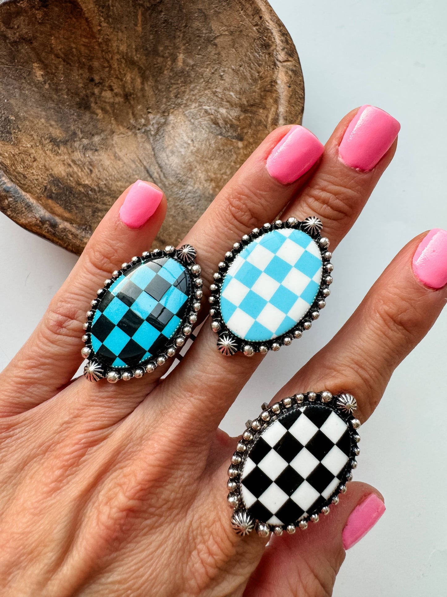 Western Checkered Cuff Ring - oval or lightning bolt